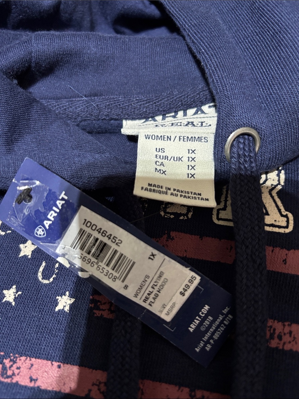 Ariat Real Flying Flag Graphic Hoodie,pullover,pouch pocket,fleece lined,warm - Picture 9 of 10